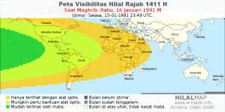 HilalMap: Peta Visibilitas Hilal Rajab 1411 H: rukyat tanggal 1991-1-16 M