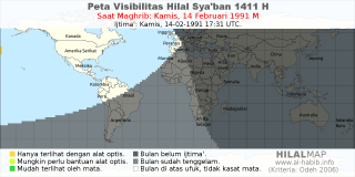 HilalMap: Peta Visibilitas Hilal Syaban 1411 H: rukyat tanggal 1991-2-14 M