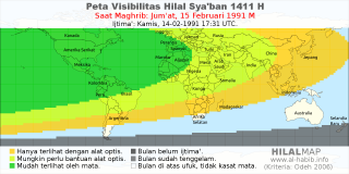 HilalMap: Peta Visibilitas Hilal Syaban 1411 H: rukyat tanggal 1991-2-15 M