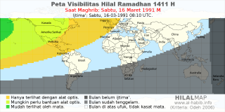 HilalMap: Peta Visibilitas Hilal Ramadhan 1411 H: rukyat tanggal 1991-3-16 M
