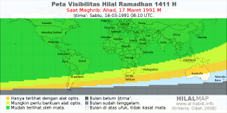 HilalMap: Peta Visibilitas Hilal Ramadhan 1411 H: rukyat tanggal 1991-3-17 M