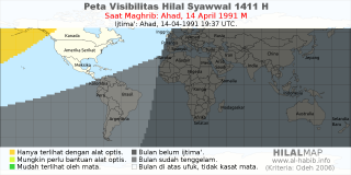HilalMap: Peta Visibilitas Hilal Syawwal 1411 H: rukyat tanggal 1991-4-14 M