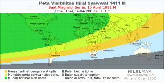 HilalMap: Peta Visibilitas Hilal Syawwal 1411 H: rukyat tanggal 1991-4-15 M