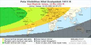 HilalMap: Peta Visibilitas Hilal Dzulqaidah 1411 H: rukyat tanggal 1991-5-14 M