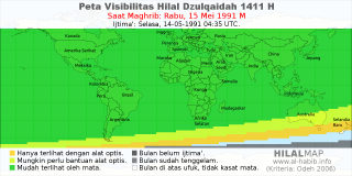 HilalMap: Peta Visibilitas Hilal Dzulqaidah 1411 H: rukyat tanggal 1991-5-15 M