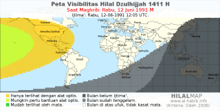 HilalMap: Peta Visibilitas Hilal Dzulhijjah 1411 H: rukyat tanggal 1991-6-12 M