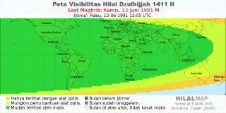 HilalMap: Peta Visibilitas Hilal Dzulhijjah 1411 H: rukyat tanggal 1991-6-13 M