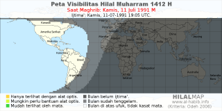 HilalMap: Peta Visibilitas Hilal Muharram 1412 H: rukyat tanggal 1991-7-11 M
