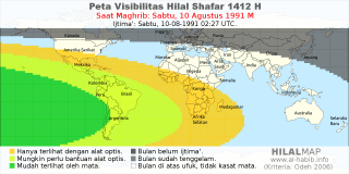 HilalMap: Peta Visibilitas Hilal Shafar 1412 H: rukyat tanggal 1991-8-10 M