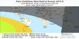 HilalMap: Peta Visibilitas Hilal Rabiul-Awwal 1412 H: rukyat tanggal 1991-9-8 M