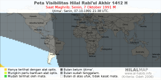 HilalMap: Peta Visibilitas Hilal Rabiul-Akhir 1412 H: rukyat tanggal 1991-10-7 M