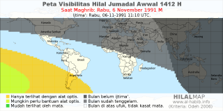 HilalMap: Peta Visibilitas Hilal Jumadal-Awwal 1412 H: rukyat tanggal 1991-11-6 M