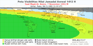 HilalMap: Peta Visibilitas Hilal Jumadal-Awwal 1412 H: rukyat tanggal 1991-11-7 M