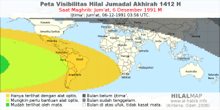 HilalMap: Peta Visibilitas Hilal Jumadal-Akhirah 1412 H: rukyat tanggal 1991-12-6 M