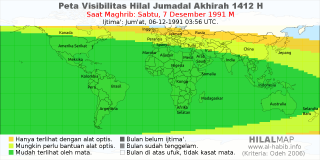 HilalMap: Peta Visibilitas Hilal Jumadal-Akhirah 1412 H: rukyat tanggal 1991-12-7 M