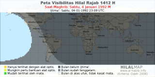 HilalMap: Peta Visibilitas Hilal Rajab 1412 H: rukyat tanggal 1992-1-4 M