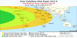 HilalMap: Peta Visibilitas Hilal Rajab 1412 H: rukyat tanggal 1992-1-5 M