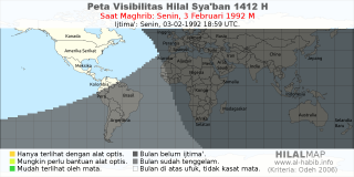 HilalMap: Peta Visibilitas Hilal Syaban 1412 H: rukyat tanggal 1992-2-3 M