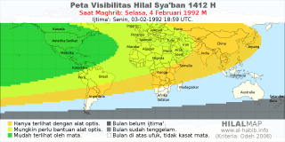 HilalMap: Peta Visibilitas Hilal Syaban 1412 H: rukyat tanggal 1992-2-4 M