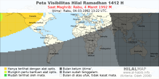 HilalMap: Peta Visibilitas Hilal Ramadhan 1412 H: rukyat tanggal 1992-3-4 M