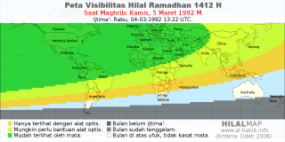 HilalMap: Peta Visibilitas Hilal Ramadhan 1412 H: rukyat tanggal 1992-3-5 M