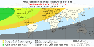 HilalMap: Peta Visibilitas Hilal Syawwal 1412 H: rukyat tanggal 1992-4-3 M