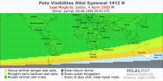 HilalMap: Peta Visibilitas Hilal Syawwal 1412 H: rukyat tanggal 1992-4-4 M