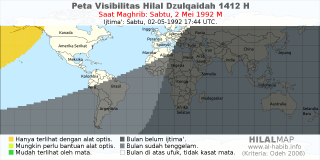 HilalMap: Peta Visibilitas Hilal Dzulqaidah 1412 H: rukyat tanggal 1992-5-2 M