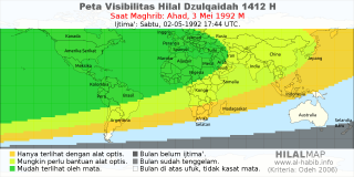 HilalMap: Peta Visibilitas Hilal Dzulqaidah 1412 H: rukyat tanggal 1992-5-3 M