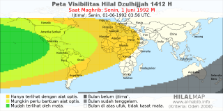 HilalMap: Peta Visibilitas Hilal Dzulhijjah 1412 H: rukyat tanggal 1992-6-1 M