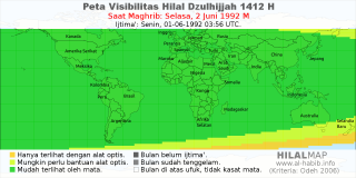 HilalMap: Peta Visibilitas Hilal Dzulhijjah 1412 H: rukyat tanggal 1992-6-2 M