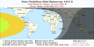 HilalMap: Peta Visibilitas Hilal Muharram 1413 H: rukyat tanggal 1992-6-30 M