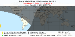 HilalMap: Peta Visibilitas Hilal Shafar 1413 H: rukyat tanggal 1992-7-29 M