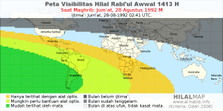 HilalMap: Peta Visibilitas Hilal Rabiul-Awwal 1413 H: rukyat tanggal 1992-8-28 M