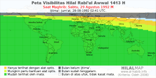 HilalMap: Peta Visibilitas Hilal Rabiul-Awwal 1413 H: rukyat tanggal 1992-8-29 M