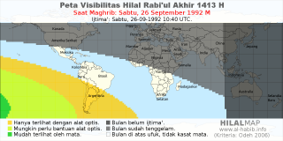 HilalMap: Peta Visibilitas Hilal Rabiul-Akhir 1413 H: rukyat tanggal 1992-9-26 M