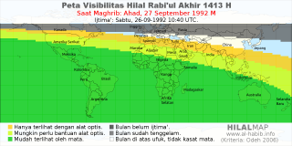HilalMap: Peta Visibilitas Hilal Rabiul-Akhir 1413 H: rukyat tanggal 1992-9-27 M