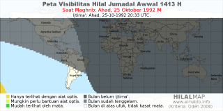 HilalMap: Peta Visibilitas Hilal Jumadal-Awwal 1413 H: rukyat tanggal 1992-10-25 M