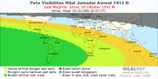 HilalMap: Peta Visibilitas Hilal Jumadal-Awwal 1413 H: rukyat tanggal 1992-10-26 M