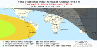 HilalMap: Peta Visibilitas Hilal Jumadal-Akhirah 1413 H: rukyat tanggal 1992-11-24 M