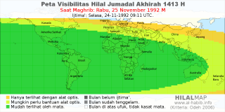 HilalMap: Peta Visibilitas Hilal Jumadal-Akhirah 1413 H: rukyat tanggal 1992-11-25 M