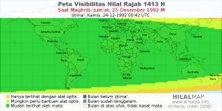 HilalMap: Peta Visibilitas Hilal Rajab 1413 H: rukyat tanggal 1992-12-25 M