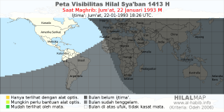 HilalMap: Peta Visibilitas Hilal Syaban 1413 H: rukyat tanggal 1993-1-22 M