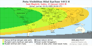 HilalMap: Peta Visibilitas Hilal Syaban 1413 H: rukyat tanggal 1993-1-23 M