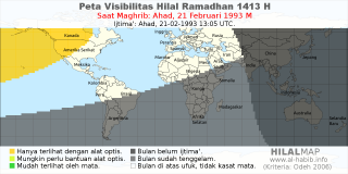 HilalMap: Peta Visibilitas Hilal Ramadhan 1413 H: rukyat tanggal 1993-2-21 M