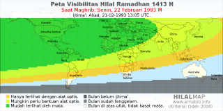 HilalMap: Peta Visibilitas Hilal Ramadhan 1413 H: rukyat tanggal 1993-2-22 M