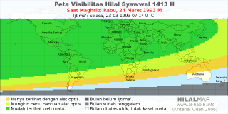 HilalMap: Peta Visibilitas Hilal Syawwal 1413 H: rukyat tanggal 1993-3-24 M
