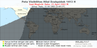 HilalMap: Peta Visibilitas Hilal Dzulqaidah 1413 H: rukyat tanggal 1993-4-21 M