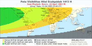 HilalMap: Peta Visibilitas Hilal Dzulqaidah 1413 H: rukyat tanggal 1993-4-22 M