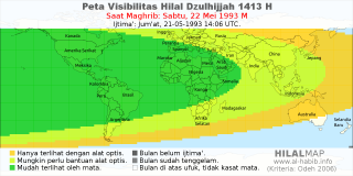 HilalMap: Peta Visibilitas Hilal Dzulhijjah 1413 H: rukyat tanggal 1993-5-22 M